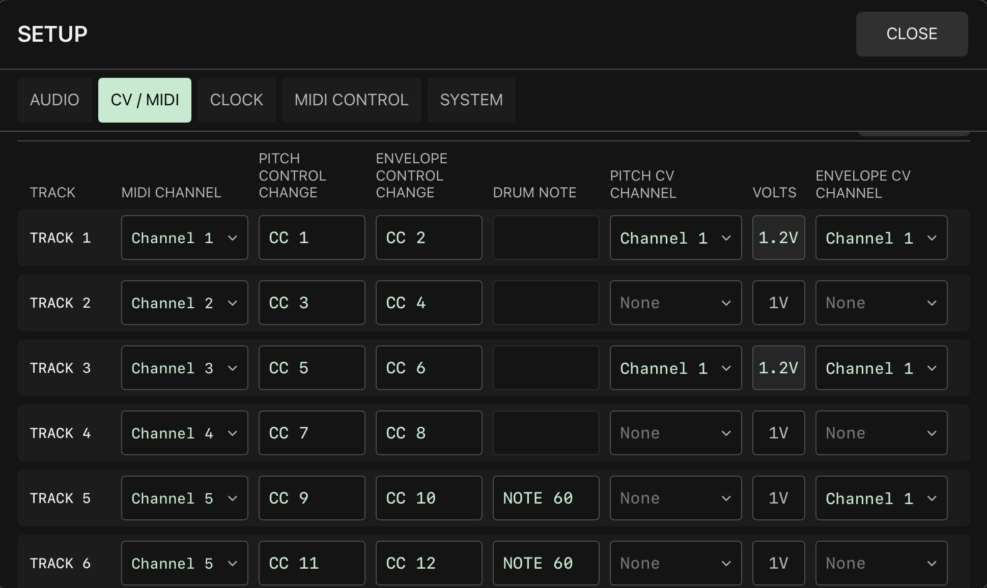 SETUP CV / MIDI