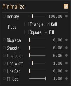 Minimalize panel: Density, Topology, Fill, Displace, Smooth, Line Color, Line Width, Line Sat, Fill Sat.